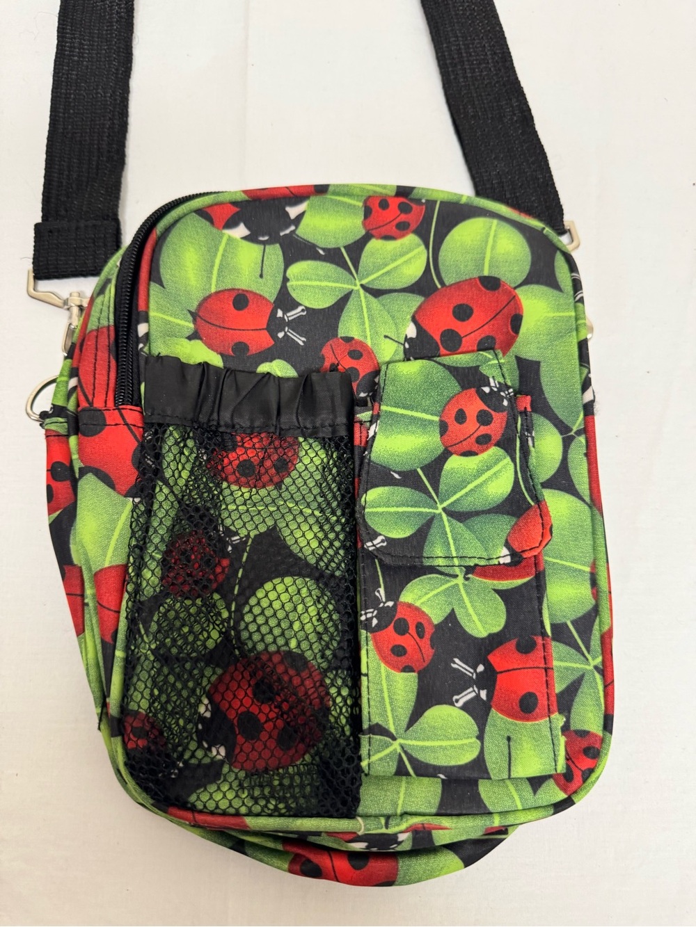 Ladybug Print Crossbody Bag in Green and Red - Picture 2 of 5